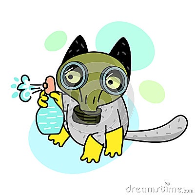 Concept of quarantine. Cartoon cat in gas mask and holds disinfector. Vector Illustration