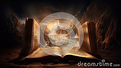 Concept of reading. Opened magic book. Generative AI Stock Photo