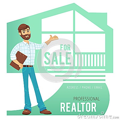 The concept of real estate services. Agent showing a house. Character man realtor with folder in hand. For the design Vector Illustration