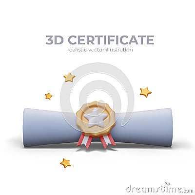 Concept of receiving important document, certificate. Scroll with color 3D seal Vector Illustration