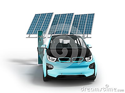 Modern concept of charging solar panels with electric car for city front 3d rendering on white background with shadow Stock Photo