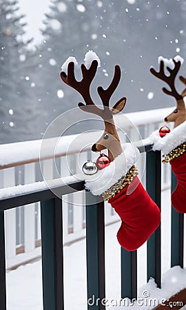 Reindeer Bells Jingling On A Snow-Covered Balcony Rail With Hanging Stockings, Morning, Outdoor, Side Shot. Generative AI Stock Photo