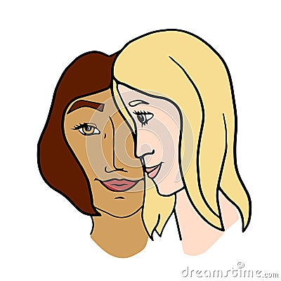 The concept of a relationship between two women. International lesbian couple. Love is love Vector Illustration