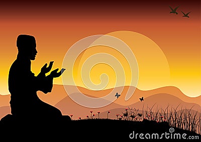 Concept of religion is Islam. Silhouette of man praying , and the mosque , Vector illustrations Vector Illustration