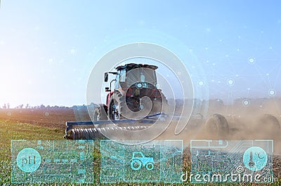 Concept of remote control of a tractor without a driver, collection and analysis of data obtained from the field for sowing crops Stock Photo