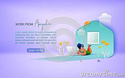 Concept of remote working and work from anywhere. Working from home during Covid-19. Landing page template. Vector illustration Vector Illustration