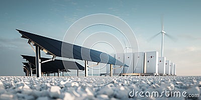 Concept of renewable energy storage Modern black photovoltacis, modular battery energy storage system and a wind turbine system in Stock Photo