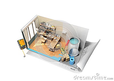 Concept of repair work isometric low poly home room renovation i Stock Photo