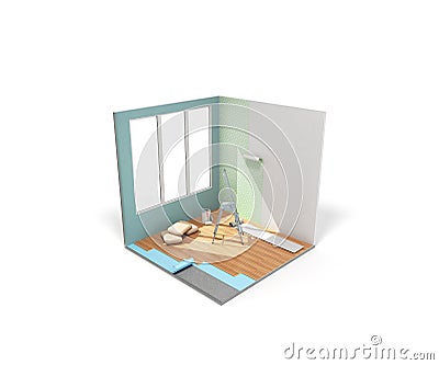 Concept of repair work isometric low poly home room renovation Stock Photo