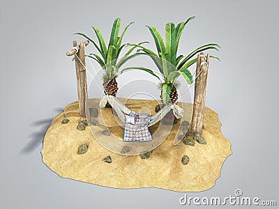 Concept of rest sand island and hammock on wooden pillars 3d render on grey gradient Stock Photo