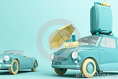 Concept retro car with luggage surrounded by travel equipment in green Stock Photo