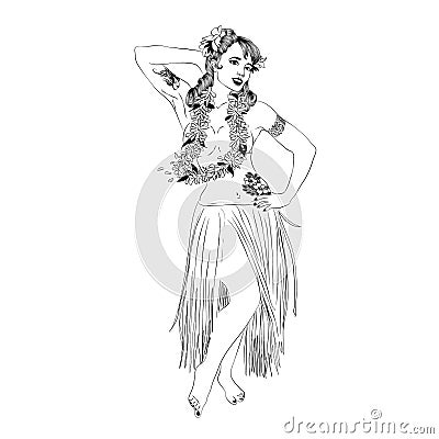 Concept of retro woman woman dancing in Hawaiian dress. Vector Illustration