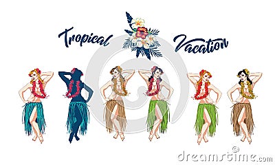 Concept of retro woman woman dancing in Hawaiian dress Vector Illustration