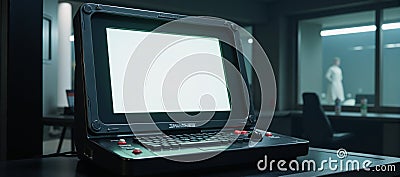 A retrofuturistic scifi computer terminal awaits interaction on a blank screen within a game design setting Stock Photo