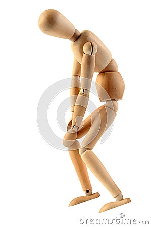 Wooden mannequin with knee pain on white background Stock Photo