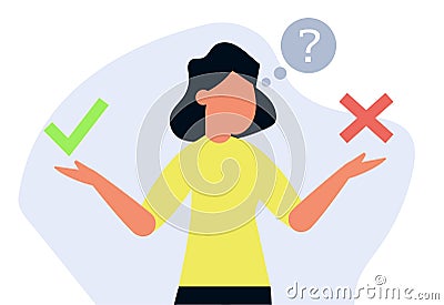 The concept of the right choice or decision. Yes or no, right or wrong. The woman thinks and decides what to choose. People are Vector Illustration