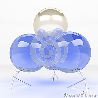 Three blue glass balls holding champagne ball above isolated on white background. Rising power concept, 3D illustration, 3D render Stock Photo