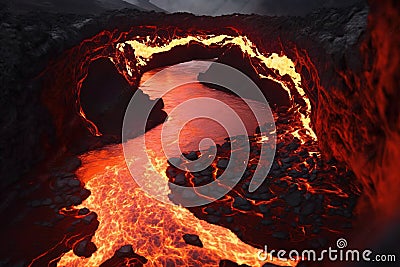 River of magma in a cave full of lava Stock Photo