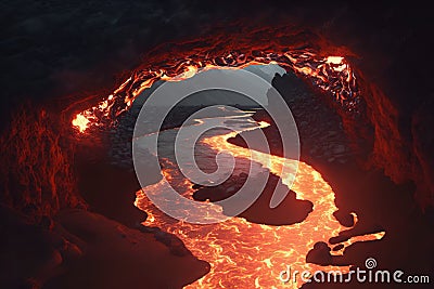 River of magma in a cave full of lava Stock Photo