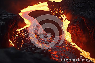 River of magma in a cave full of lava Stock Photo