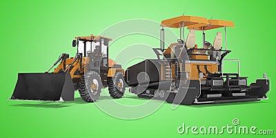 Concept road construction equipment wheeled bulldozer and tracked paver 3d rendering on green background with shadow Stock Photo