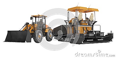 Concept road construction equipment wheeled bulldozer and tracked paver 3d rendering on white background no shadow Stock Photo