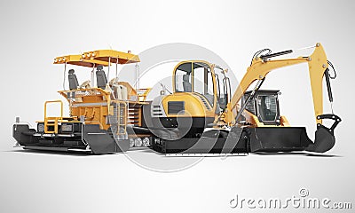 Concept road machinery paver excavator small loader 3d render on gray background with shadow Stock Photo