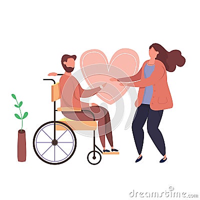 Concept of romantic relationships and marriage with handicapped man. Vector illustration of love. Family with disabled Vector Illustration