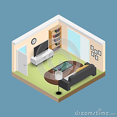 Concept room isometrics 3d composition with a sofa and a large wide screen TV, a living room with many furnitures Vector Illustration