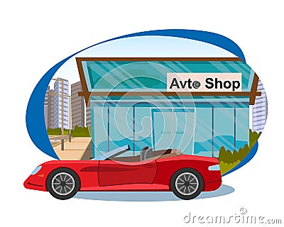 The Concept Sales of new Cars in Avto Shop Vector Illustration