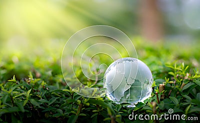 Concept Save the world save environment The world is in the grass of the green bokeh background Stock Photo