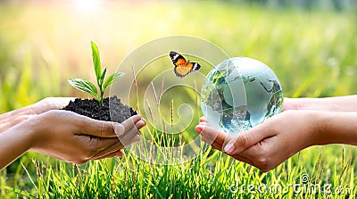 Concept Save the world save environment The world is in the grass of the green bokeh background Stock Photo