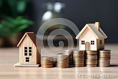 Miniature house wooden model on a stack of coins. Stock Photo