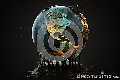 Concept of saving planet, miniature globe floats in oil, black background. AI generated Stock Photo