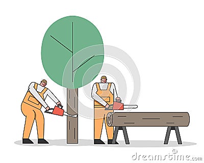 Concept Of Sawmill. Professional Lumberjacks Are Cutting Trees By Chainsaw For The Further Transportation Vector Illustration