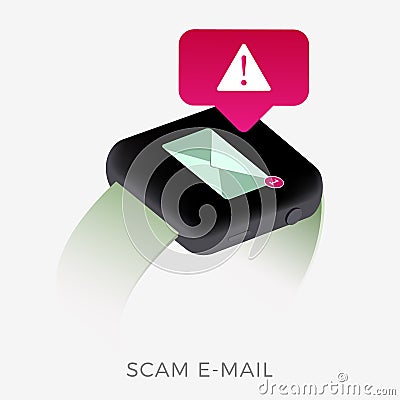 Concept of scam, phishing message or malware notification alert on smartwatch screen. Red alert warning with envelope mail of spam Vector Illustration