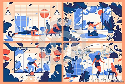 Concept scenes with young woman training at home. Interiors full of leaves and floral elements. Bright flat illustrations for Cartoon Illustration