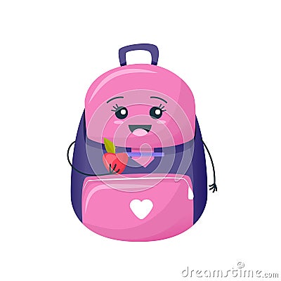 Funny cute backpack, with an apple in his hands, smiling. Vector Illustration