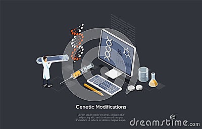 Concept Of Science And Genetic Modifications. Laboratory Scientist Make Experiments, Genetic Research, Modification DNA Vector Illustration