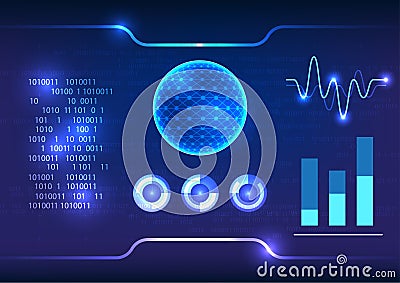 Concept of screen technology. showcases a central circle surrounded by dynamic wave line elements, graph charts, and numerical Stock Photo