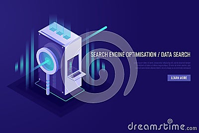 Concept of search engine optimisation and data search. Magnifying glass with server rack. 3d Isometrick style Vector Illustration
