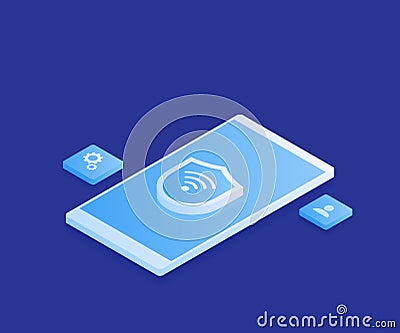Concept secure network wireless. IOT online synchronization and connection via smartphone wireless technology. Vector Illustration
