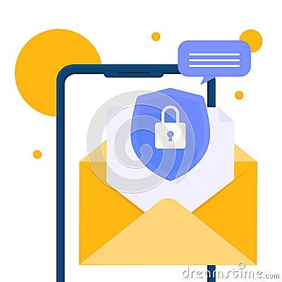 The concept of security of electronic envelope from a mobile phone. Protection against threats, phishing attacks. Vector Illustration