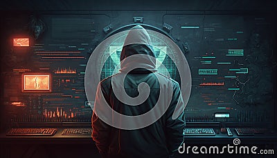 The concept of security in the Internet network with young man hacker in the hood. Back view. AI generated. Stock Photo