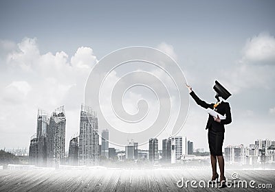 Concept of security and privacy protection with camera headed woman Stock Photo