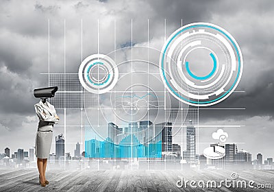 Concept of security and privacy protection with camera headed woman Stock Photo