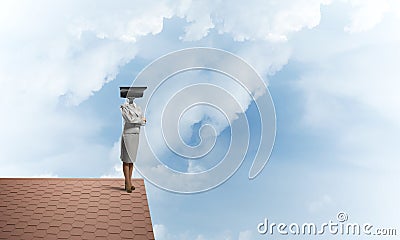 Concept of security and privacy protection with camera headed woman Stock Photo