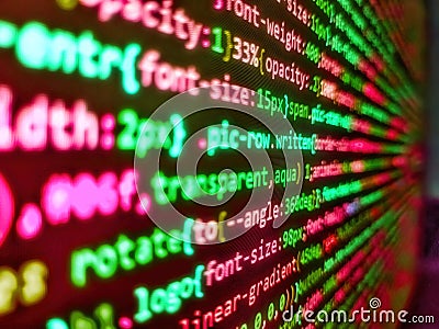 Concept of security, programming and hacking, deep decryption and encryption. Minificated web development javascript code close up Stock Photo