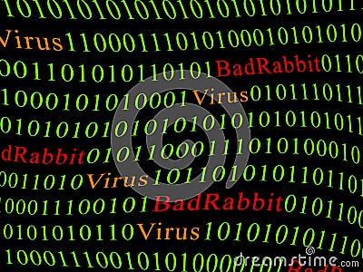 Concept of security and virus and Bad Rabbit Ransomware. Red text of Bad Rabbit and green binary code Stock Photo