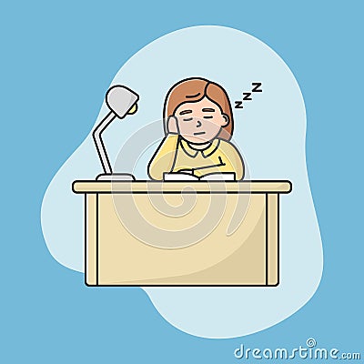 Concept Of Self Education And Gaining Knowledge. Fatigued Girl Is Sitting At The Desk With Lamp. Procrastinated Woman Vector Illustration